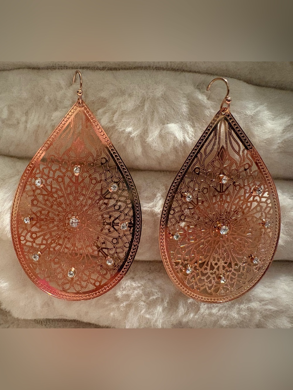 Rose Gold Filigree Teardrop Earrings with Crystal Accents